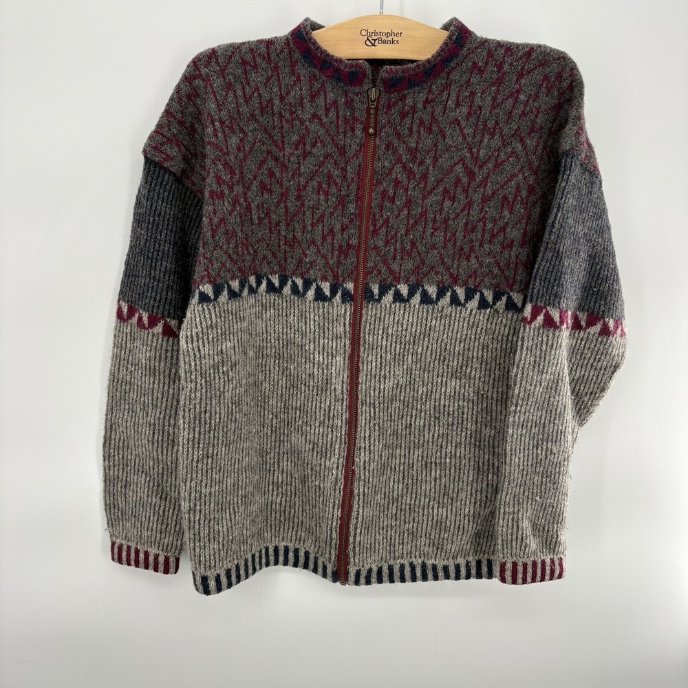Vtg wool zip-up sweater gray and red fair isle pattern Knit size Large #2H